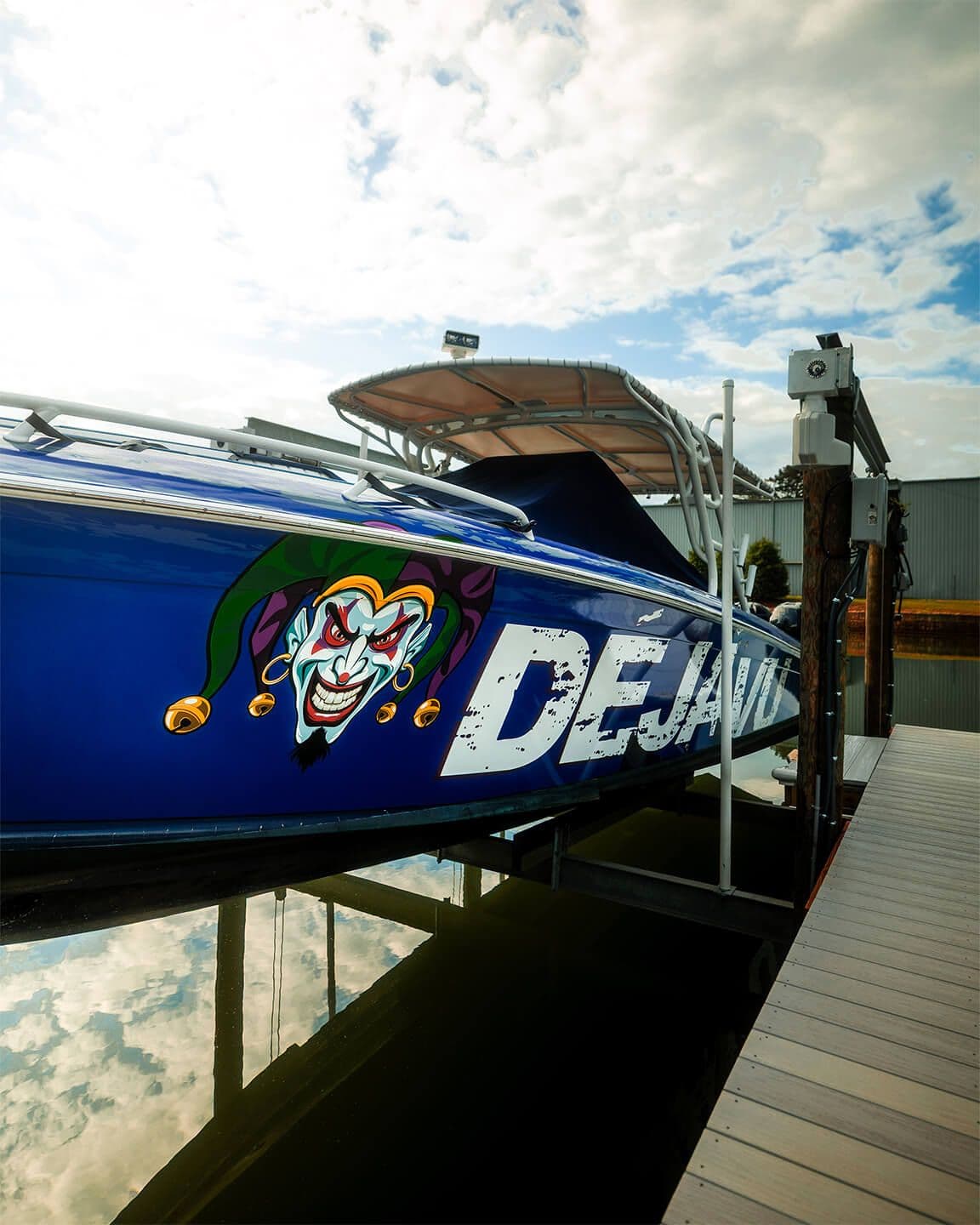 DeJavu Custom Boat Wrap — Custom Design Printed Boat Wrap by Testament Graphic House